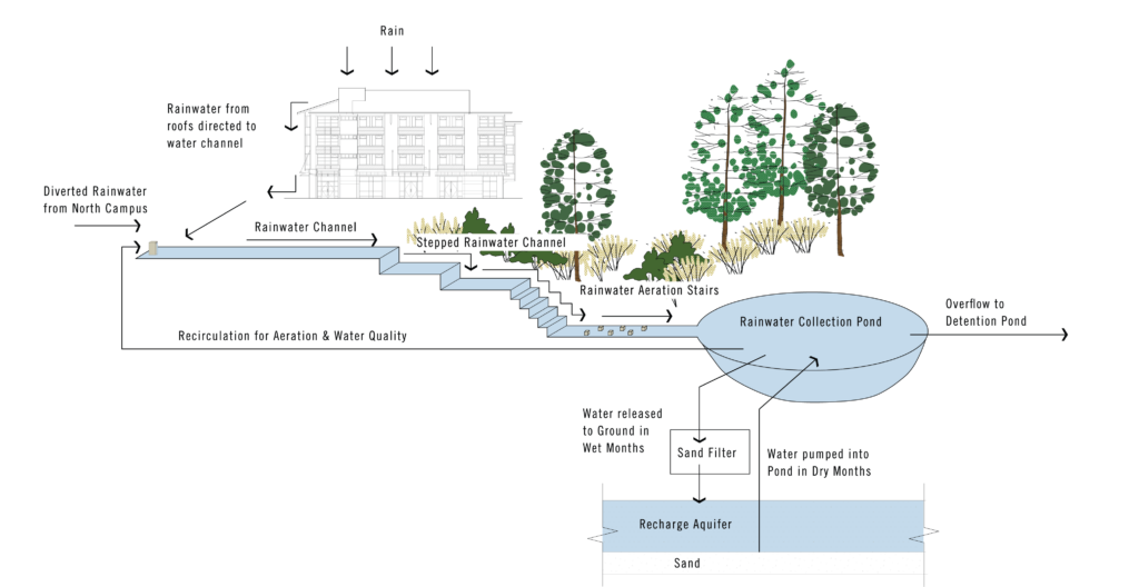 Diagram showing how the rainwater management system works.